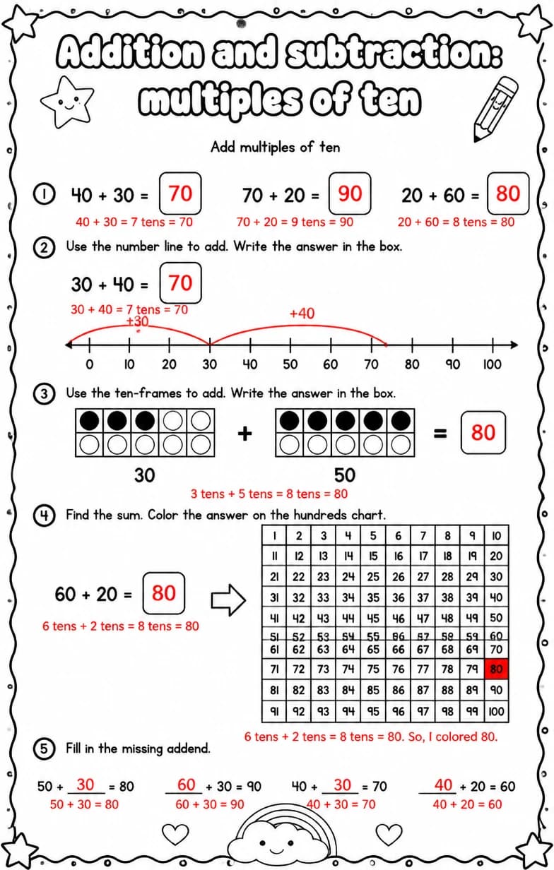 Answer key for Add multiples of ten — free printable Math worksheet