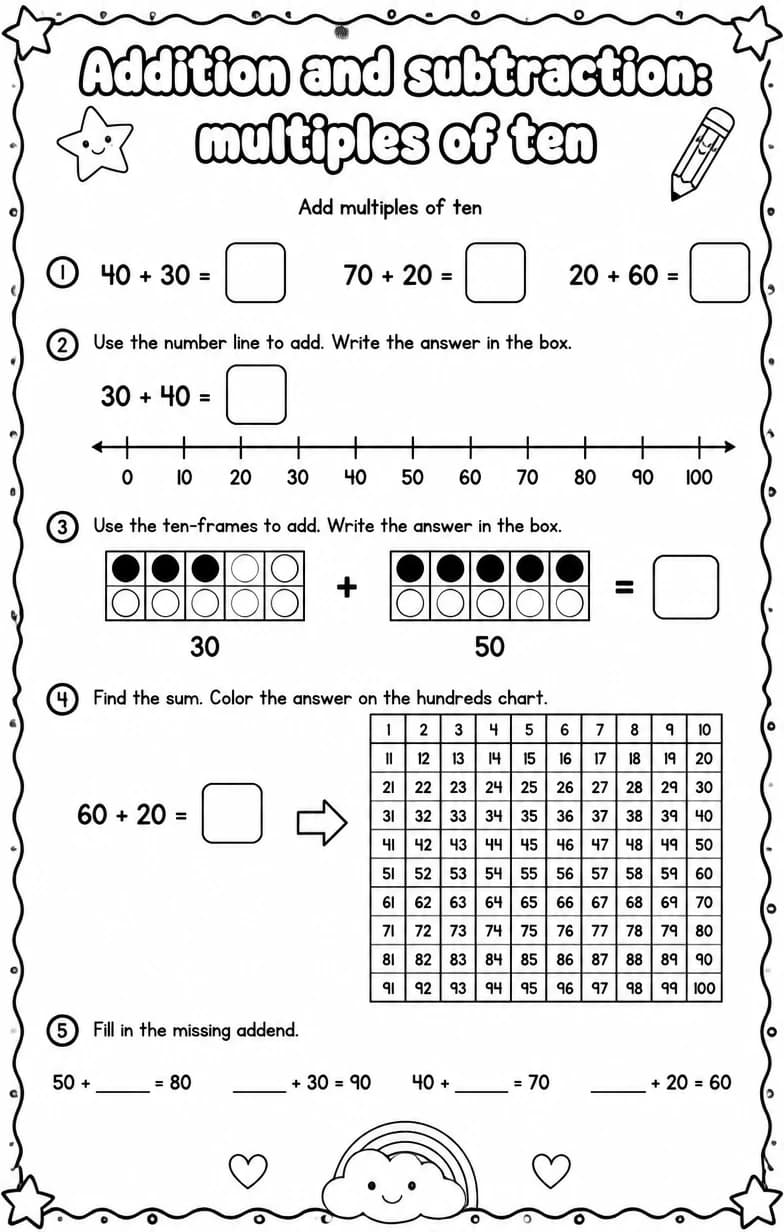 Add multiples of ten — free printable Grade 1 Math worksheet