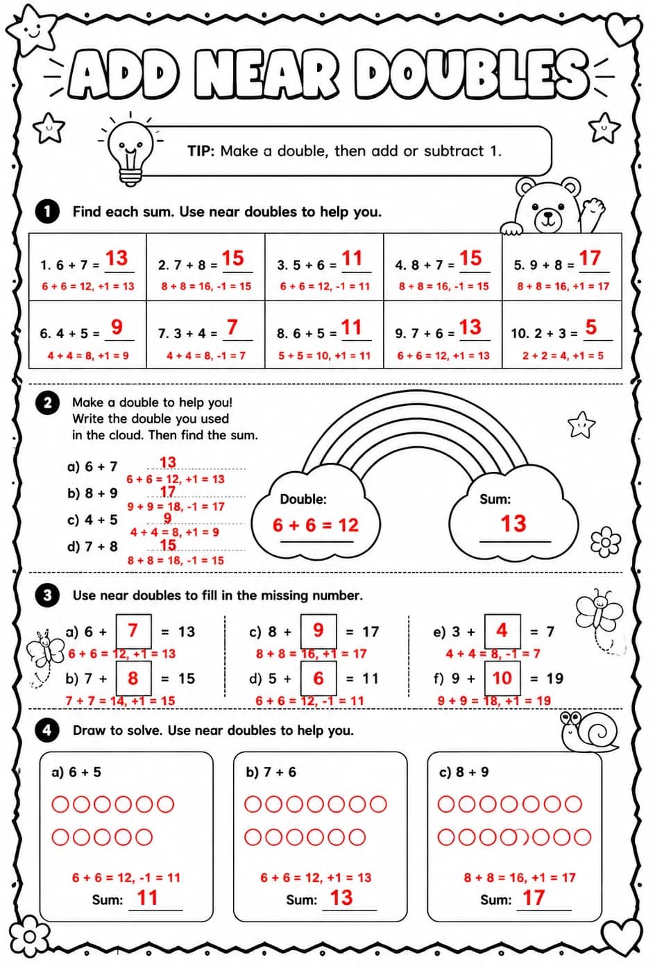 Answer key for Add near doubles — free printable Math worksheet