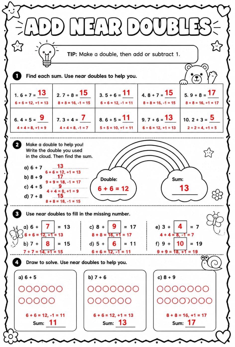 Answer key for Add near doubles — free printable Math worksheet