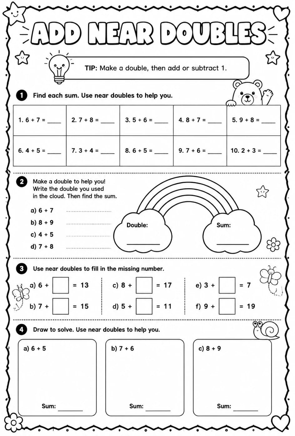 Add near doubles — free printable Grade 1 math worksheet