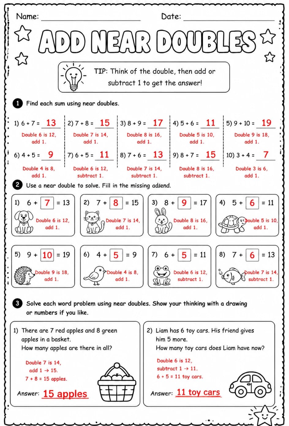 Answer key for Add near doubles — free printable Math worksheet