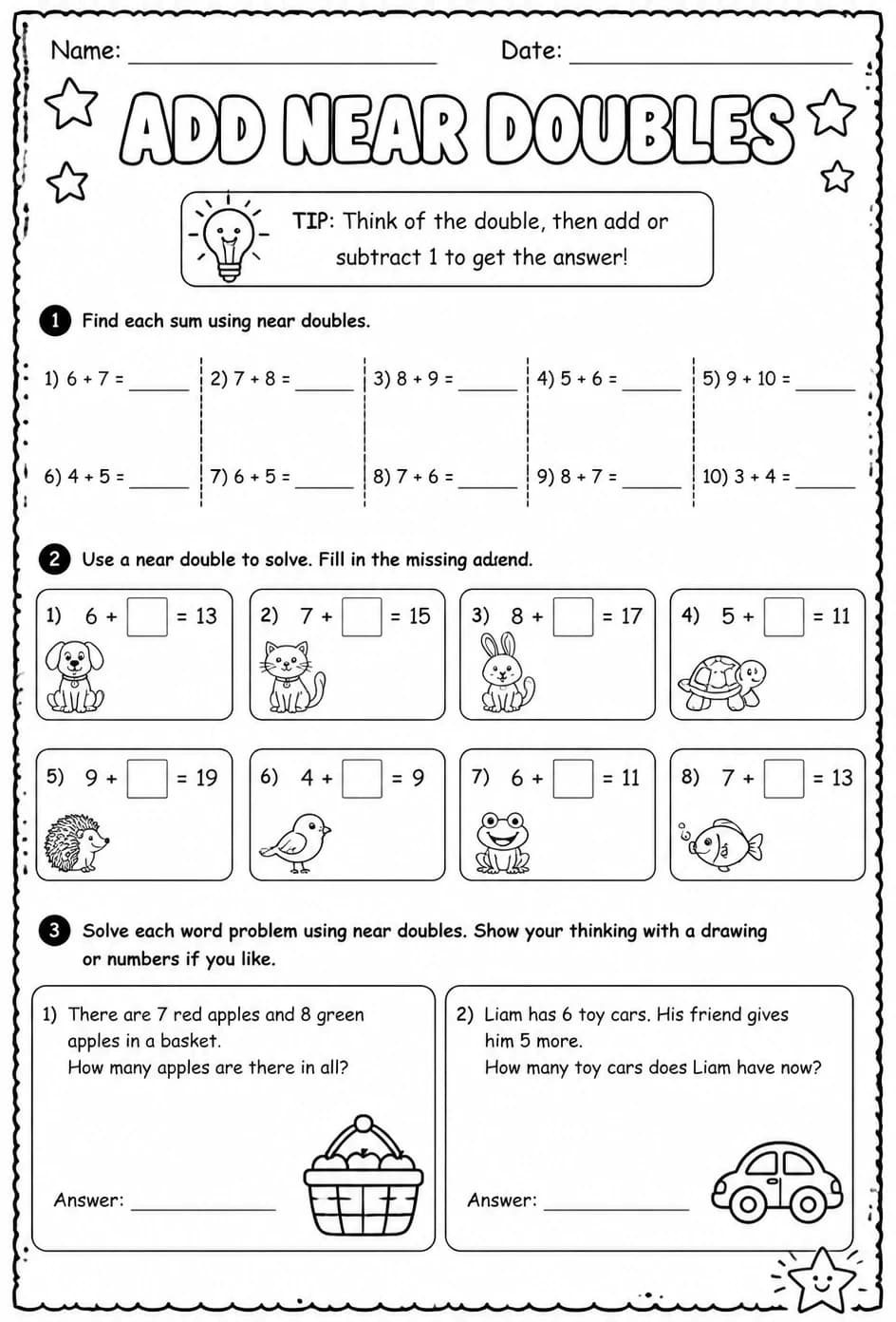 Add near doubles — free printable Grade 2 math worksheet