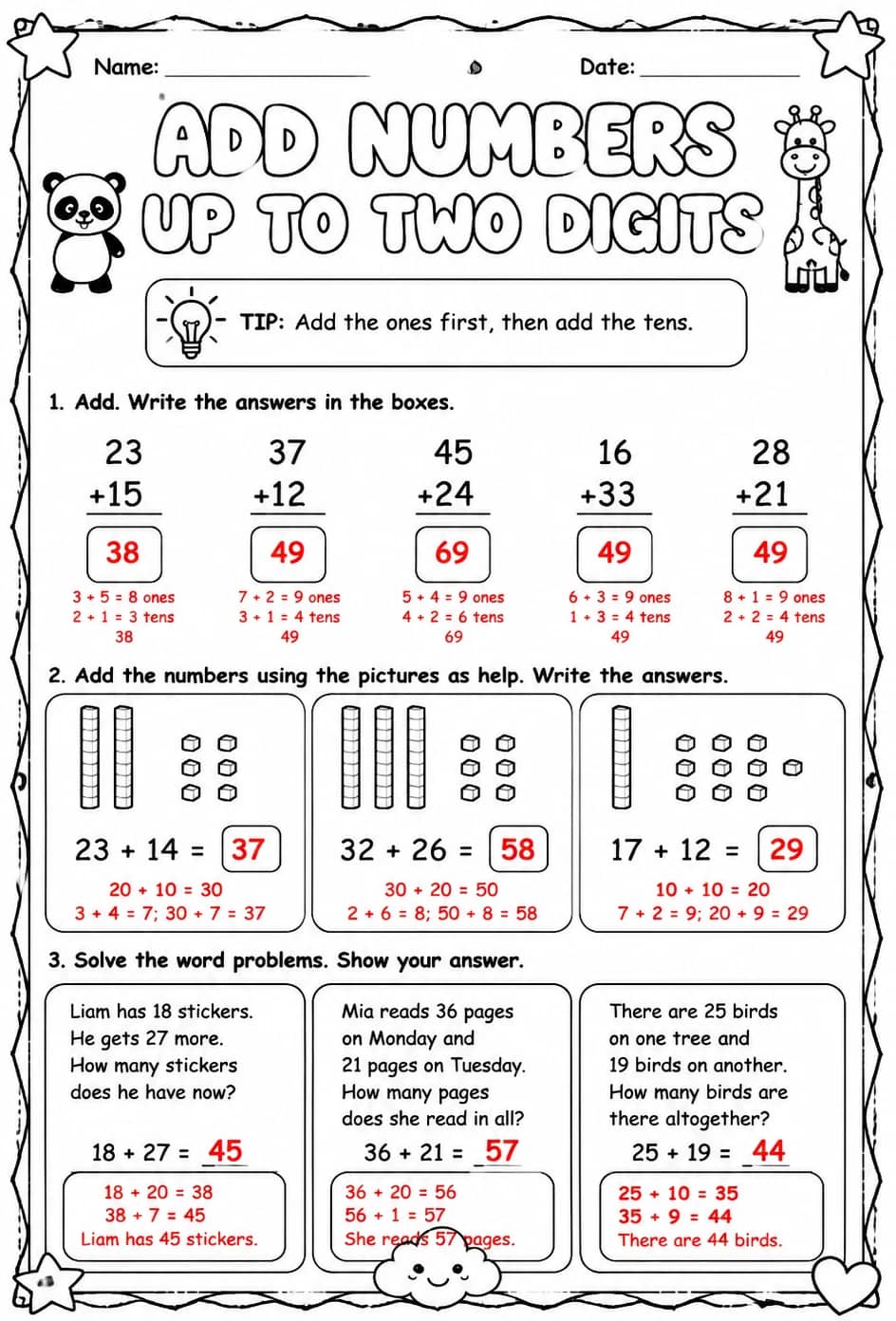 Answer key for Add numbers up to two digits — free printable Math worksheet