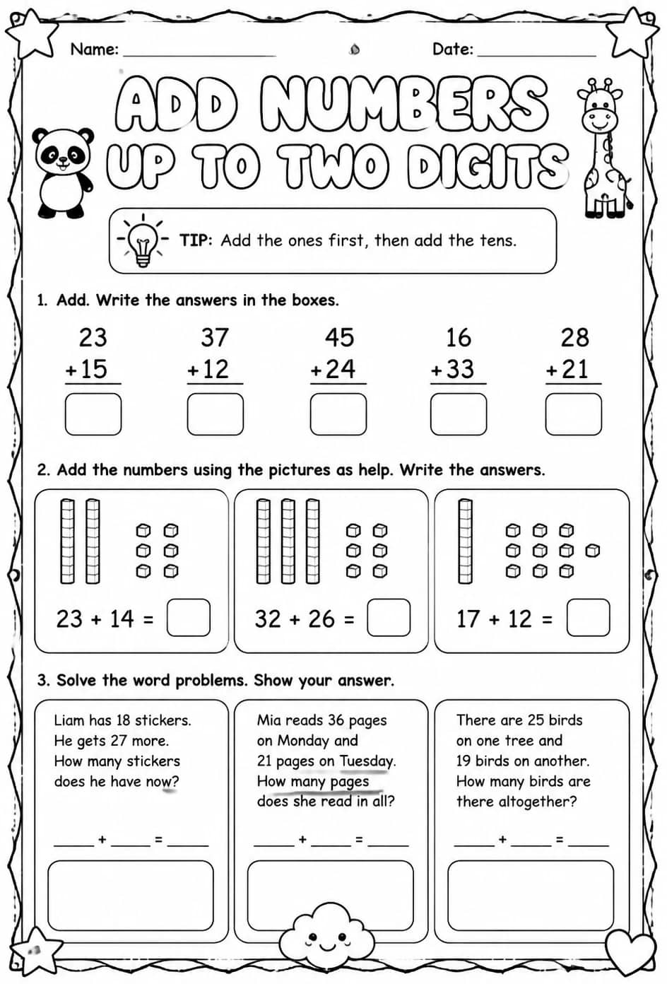 Add numbers up to two digits — free printable Grade 1 math worksheet