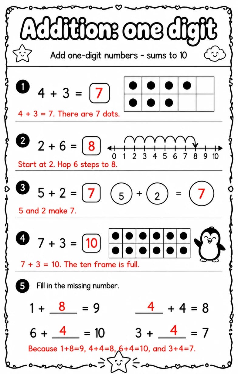 Answer key for Add one-digit numbers - sums to 10 — free printable Math worksheet