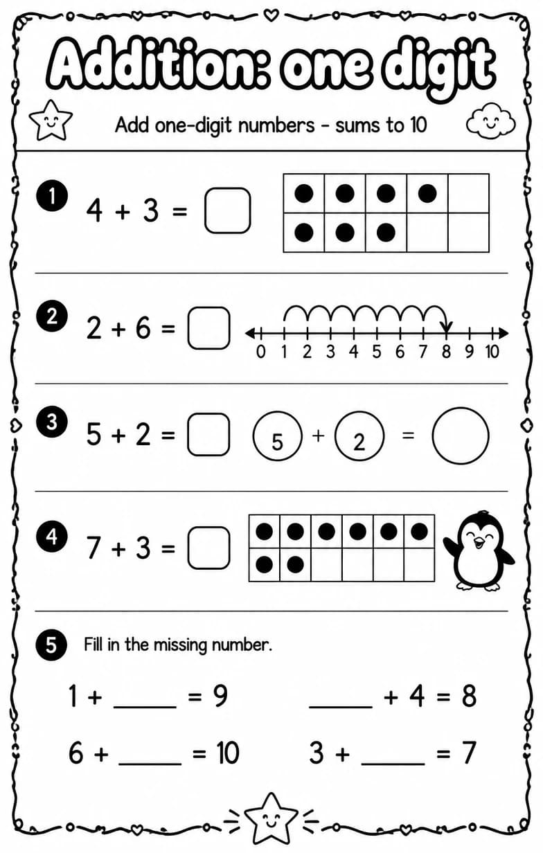 Add one-digit numbers - sums to 10 — free printable Grade 2 Math worksheet