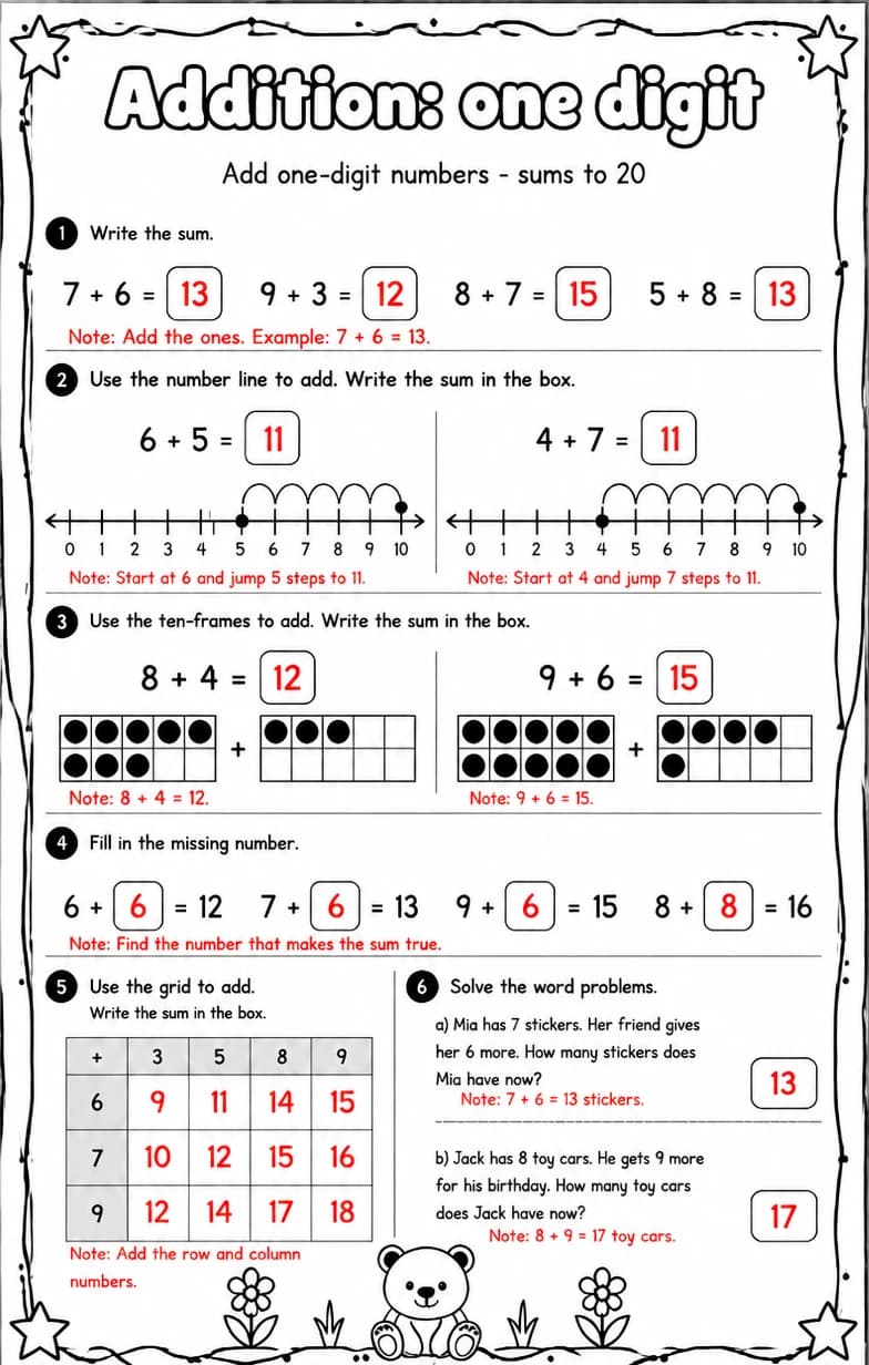 Answer key for Add one-digit numbers - sums to 20 — free printable Math worksheet