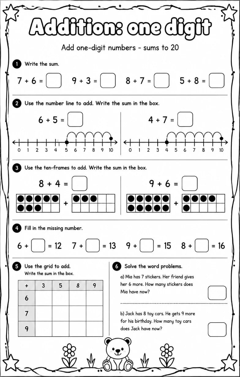 Add one-digit numbers - sums to 20 — free printable Grade 2 Math worksheet