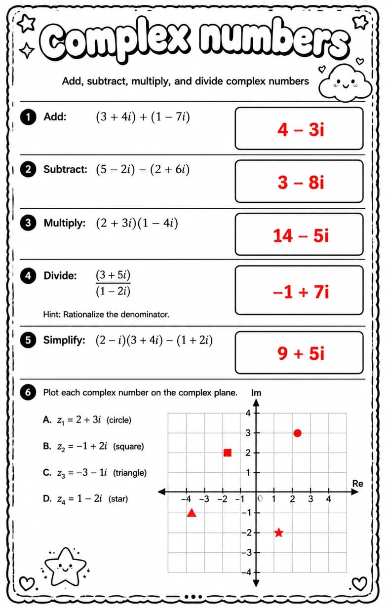 Answer key for Add, subtract, multiply, and divide complex numbers — free printable Math worksheet