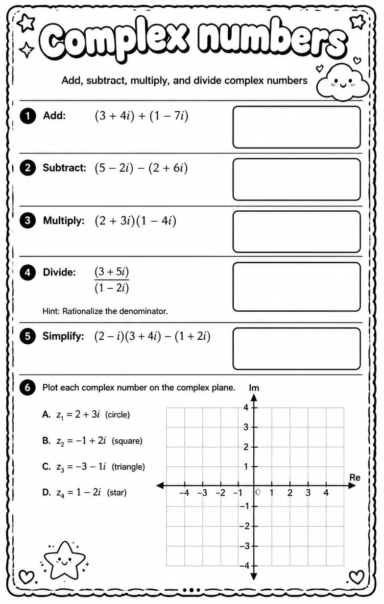 Add, subtract, multiply, and divide complex numbers — free printable High School Math worksheet
