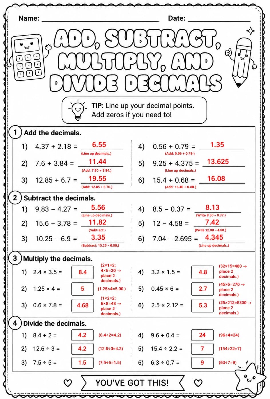 Answer key for Add, subtract, multiply, and divide decimals — free printable Math worksheet