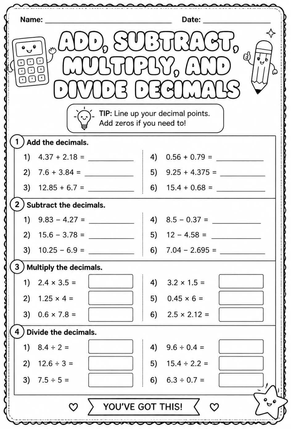 Add, subtract, multiply, and divide decimals — free printable Grade 5 math worksheet