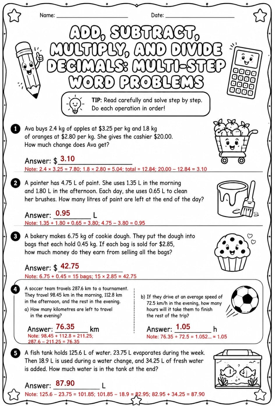 Answer key for Add, subtract, multiply, and divide decimals: multi-step word problems — free printable Math worksheet