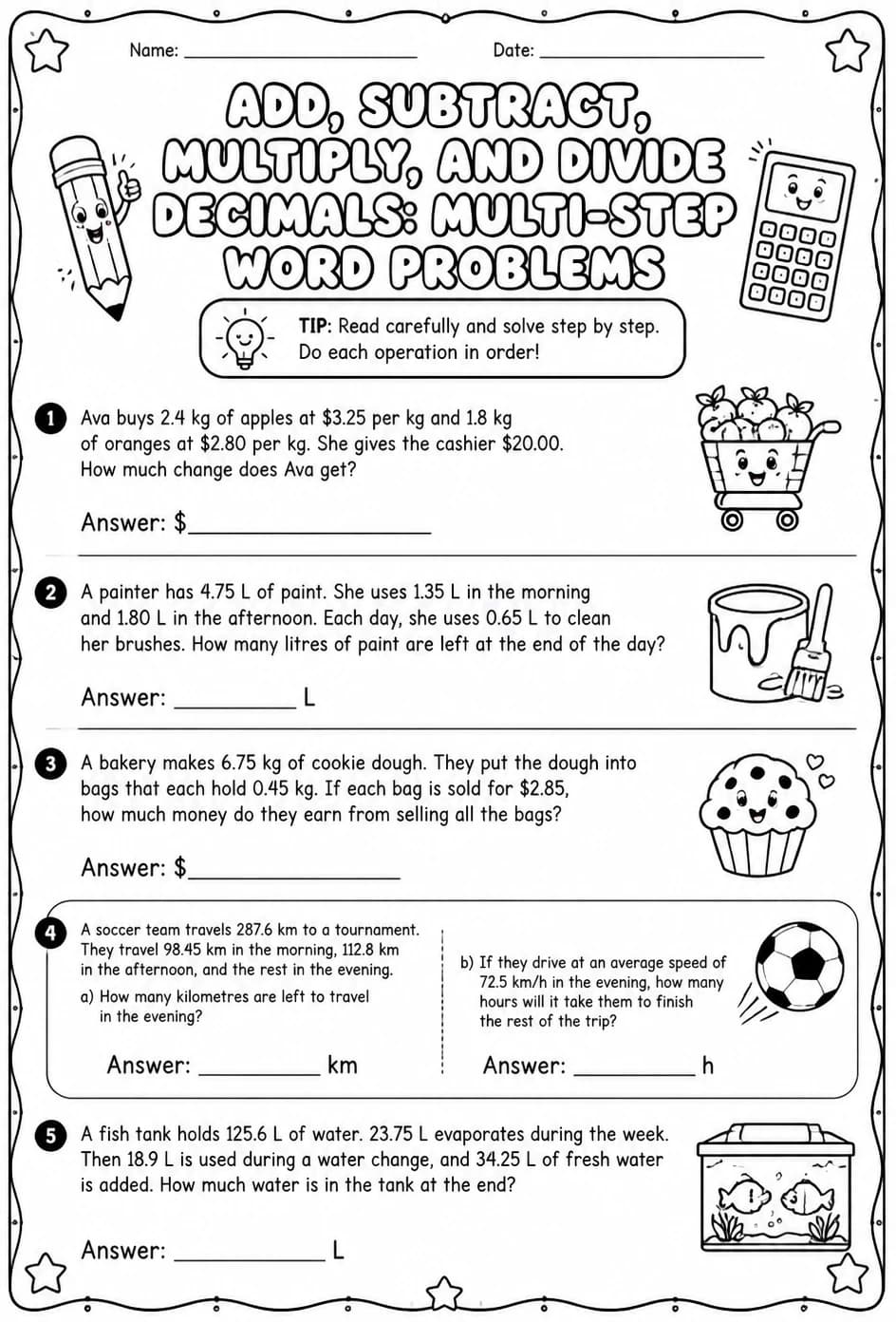 Add, subtract, multiply, and divide decimals: multi-step word problems — free printable Grade 5 math worksheet