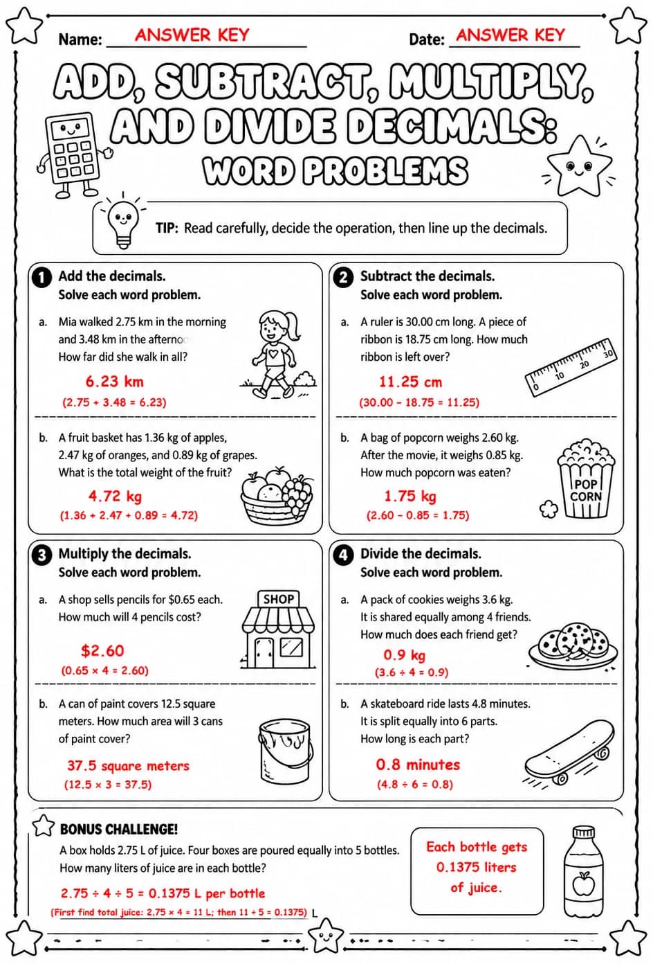 Answer key for Add, subtract, multiply, and divide decimals: word problems — free printable Math worksheet
