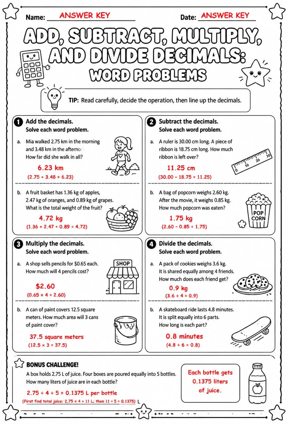 Answer key for Add, subtract, multiply, and divide decimals: word problems — free printable Math worksheet