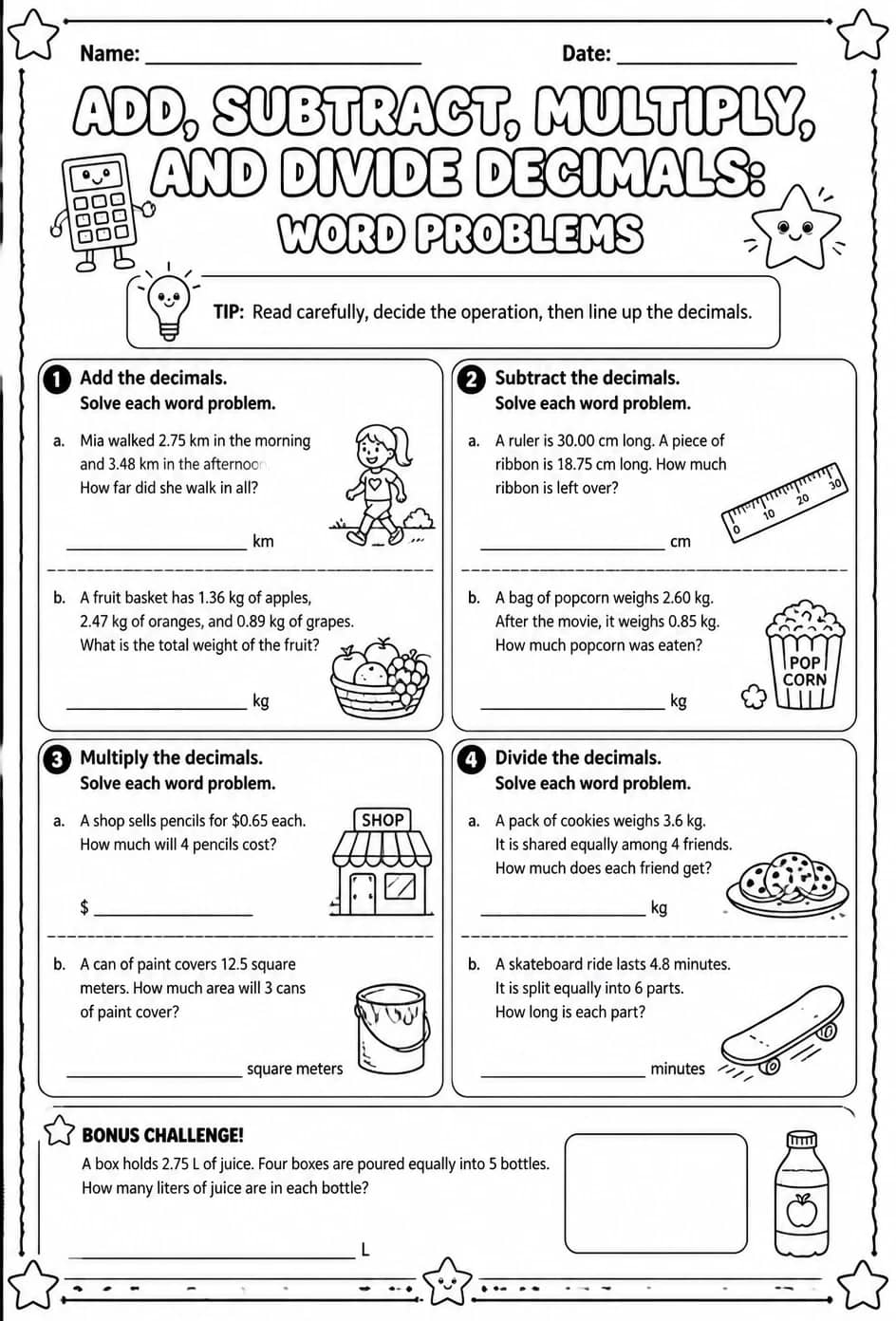 Add, subtract, multiply, and divide decimals: word problems — free printable Grade 5 math worksheet