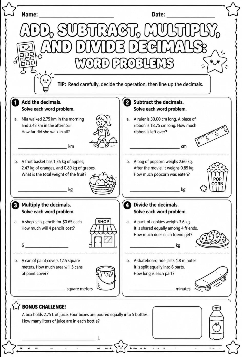 Add, subtract, multiply, and divide decimals: word problems — free printable Grade 5 math worksheet