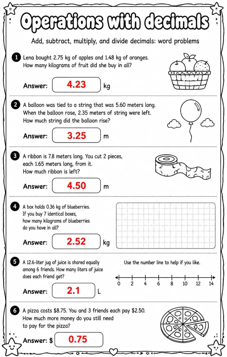 Answer key for Add, subtract, multiply, and divide decimals: word problems — free printable Math worksheet
