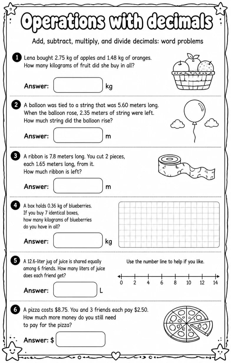 Add, subtract, multiply, and divide decimals: word problems — free printable Grade 7 math worksheet
