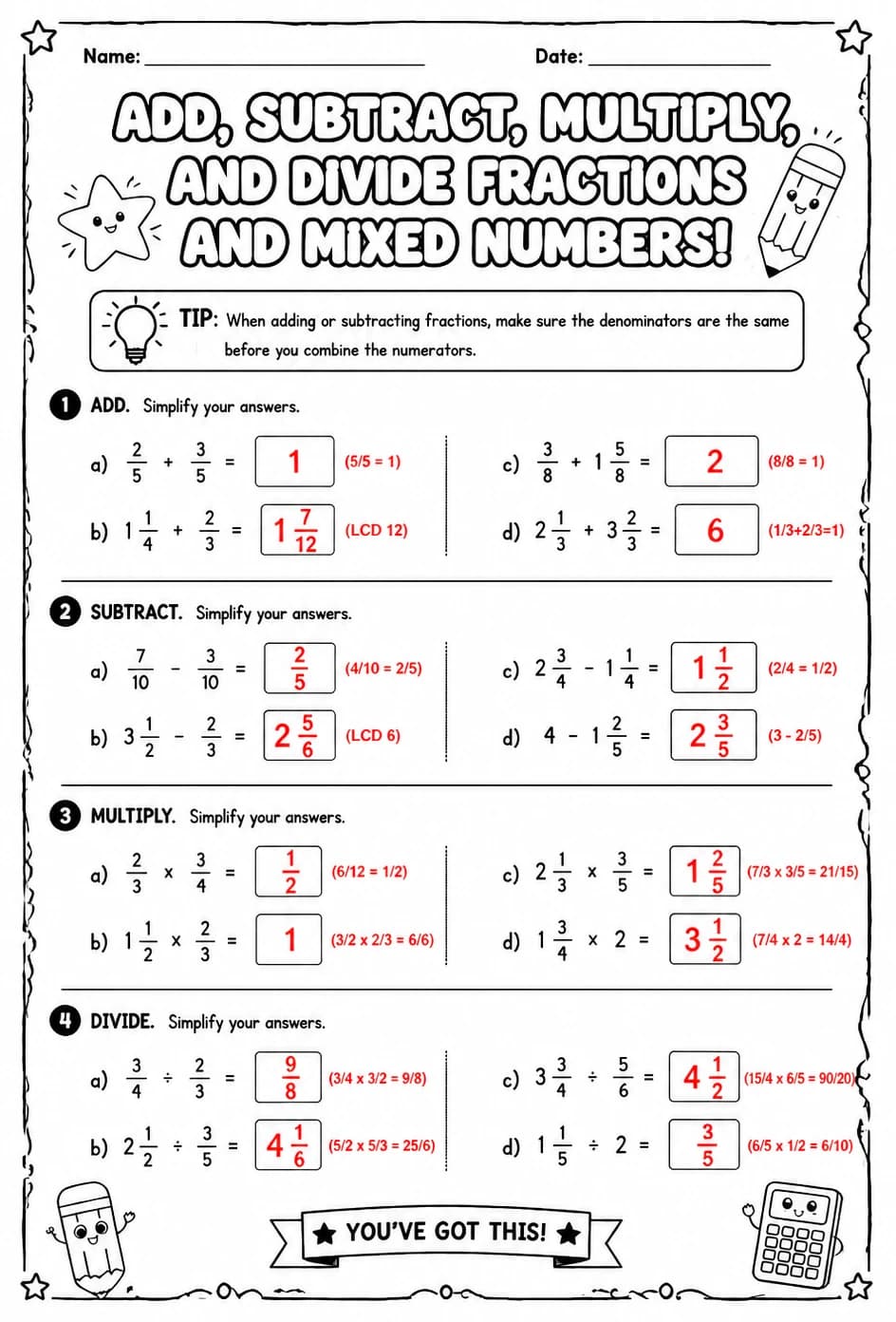 Answer key for Add, subtract, multiply, and divide fractions and mixed numbers — free printable Math worksheet