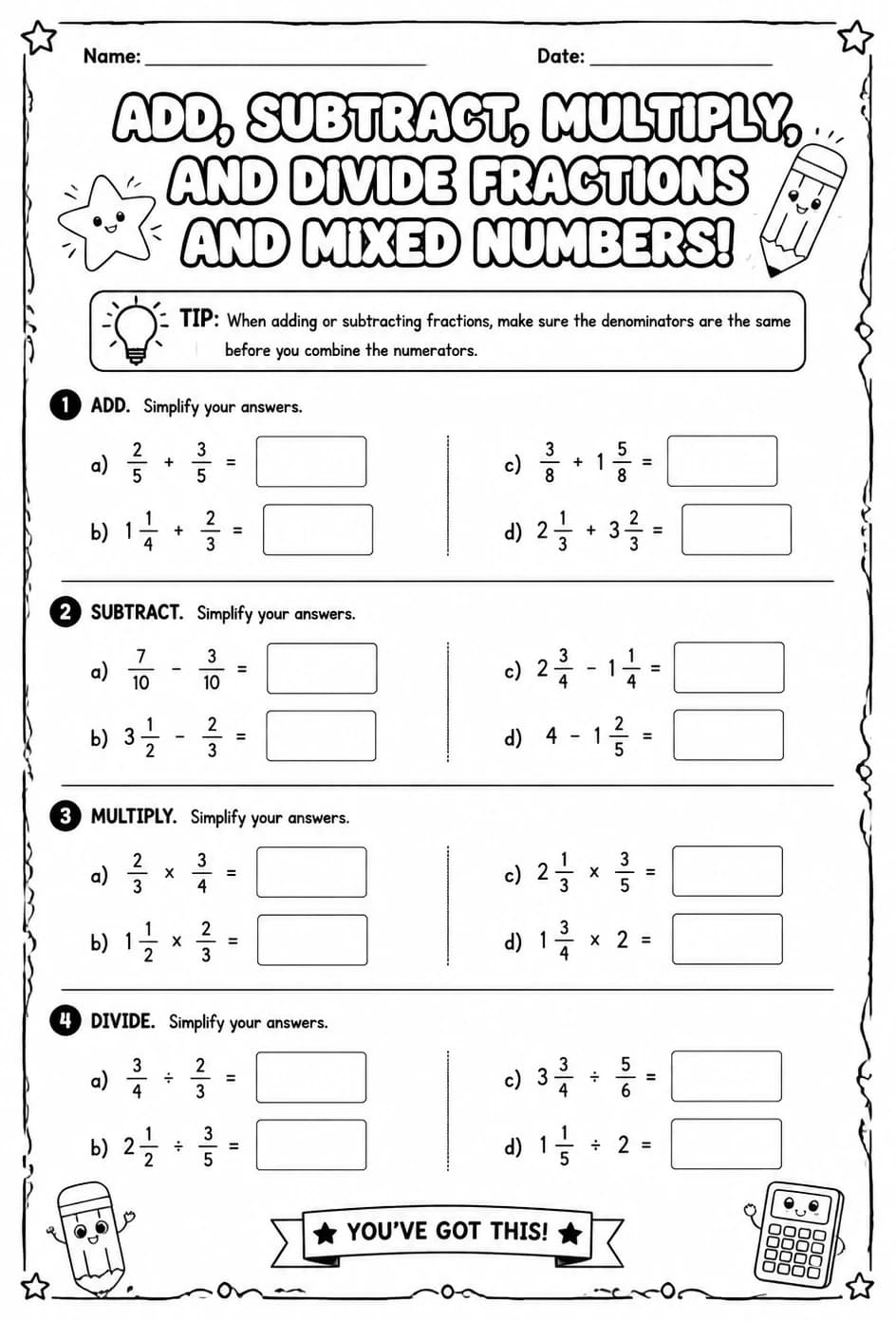 Add, subtract, multiply, and divide fractions and mixed numbers — free printable Grade 5 math worksheet