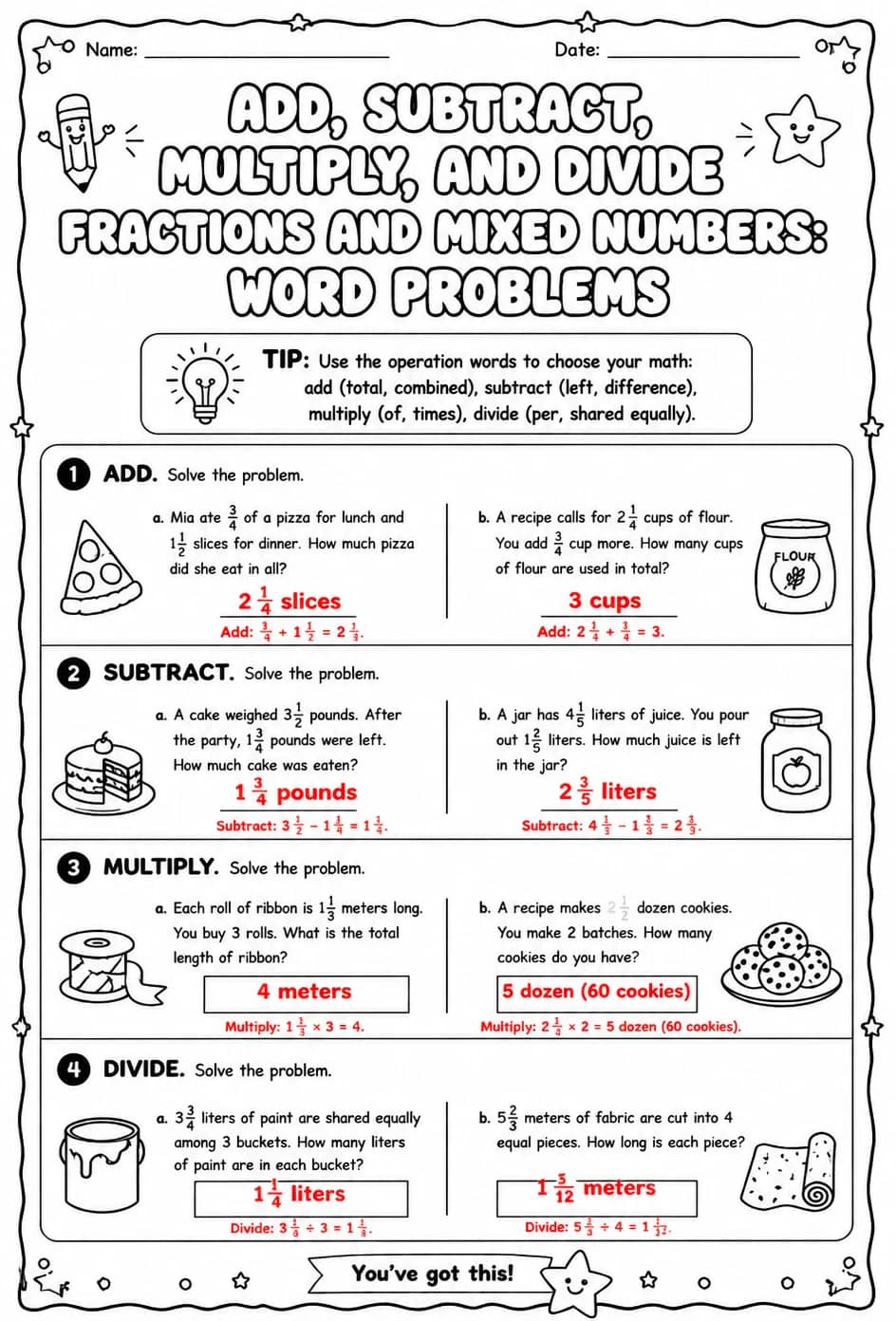 Answer key for Add, subtract, multiply, and divide fractions and mixed numbers: word problems — free printable Math worksheet