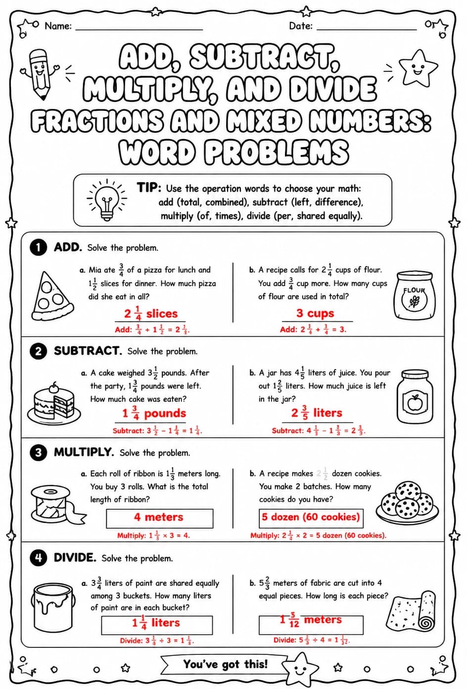 Answer key for Add, subtract, multiply, and divide fractions and mixed numbers: word problems — free printable Math worksheet