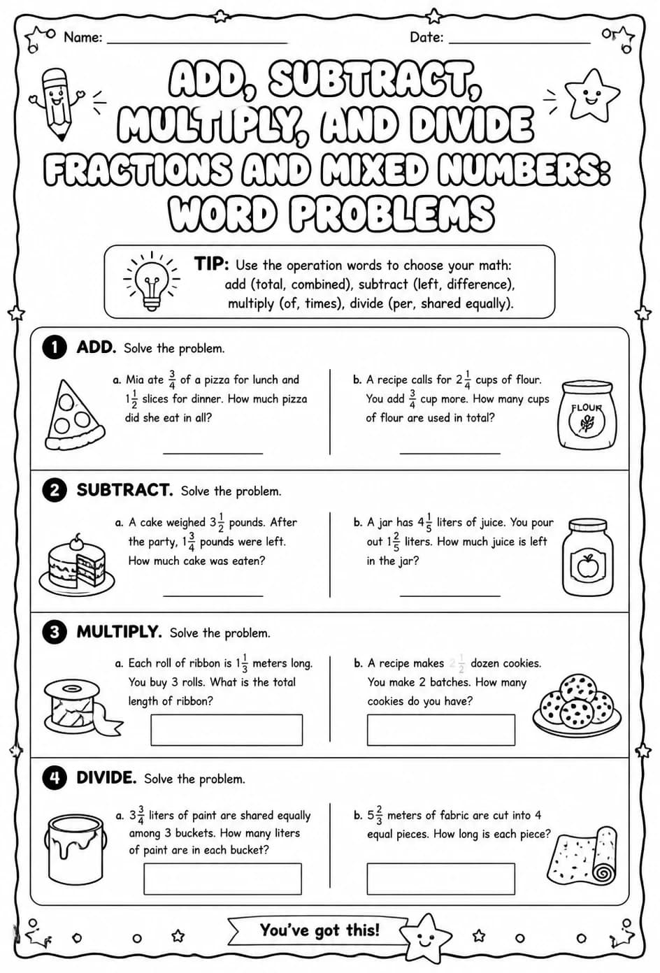 Add, subtract, multiply, and divide fractions and mixed numbers: word problems