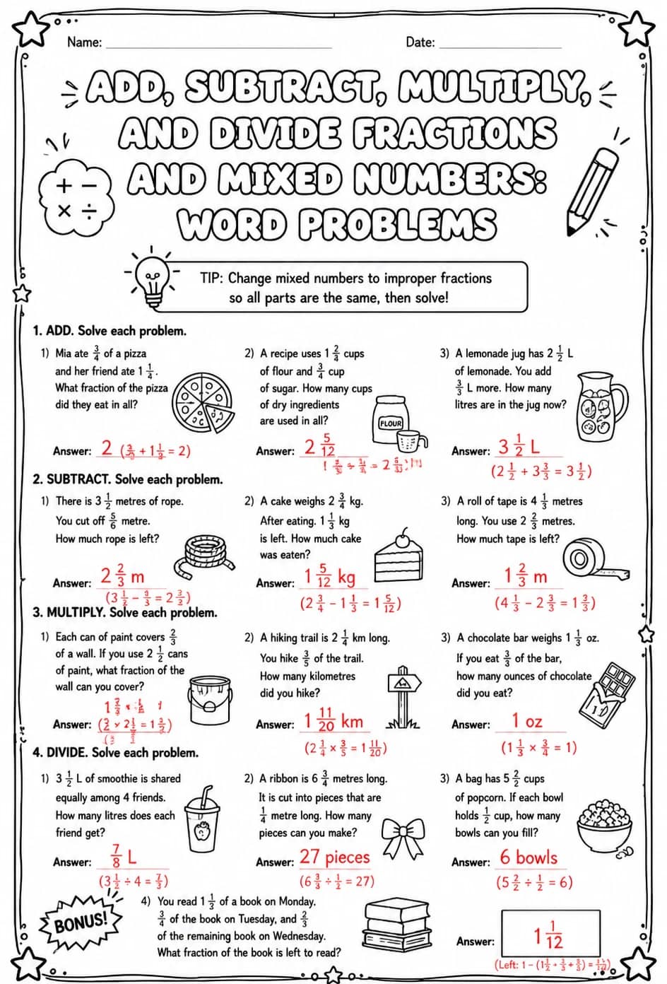 Answer key for Add, subtract, multiply, and divide fractions and mixed numbers: word problems — free printable Math worksheet