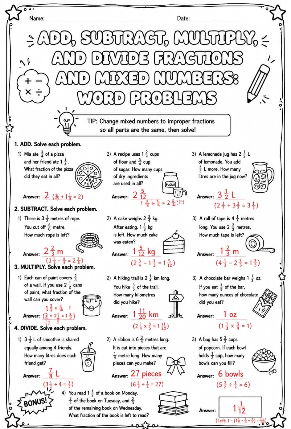 Answer key for Add, subtract, multiply, and divide fractions and mixed numbers: word problems — free printable Math worksheet