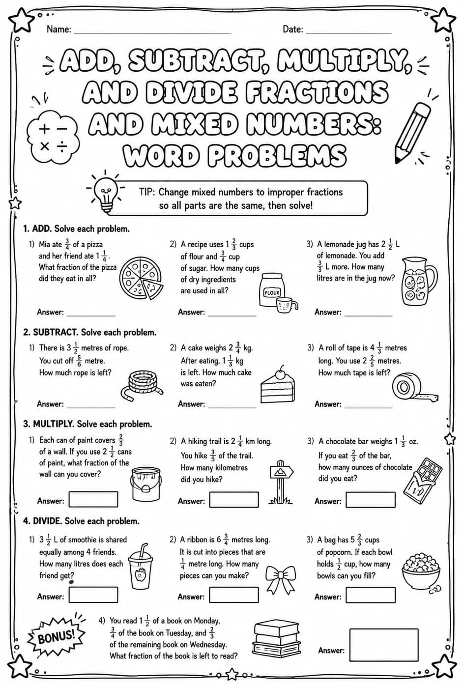 Add, subtract, multiply, and divide fractions and mixed numbers: word problems — free printable Grade 7 math worksheet