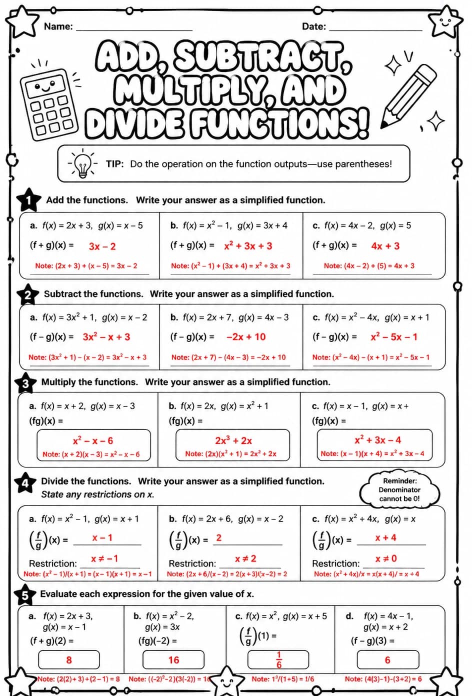 Answer key for Add, subtract, multiply, and divide functions — free printable Math worksheet