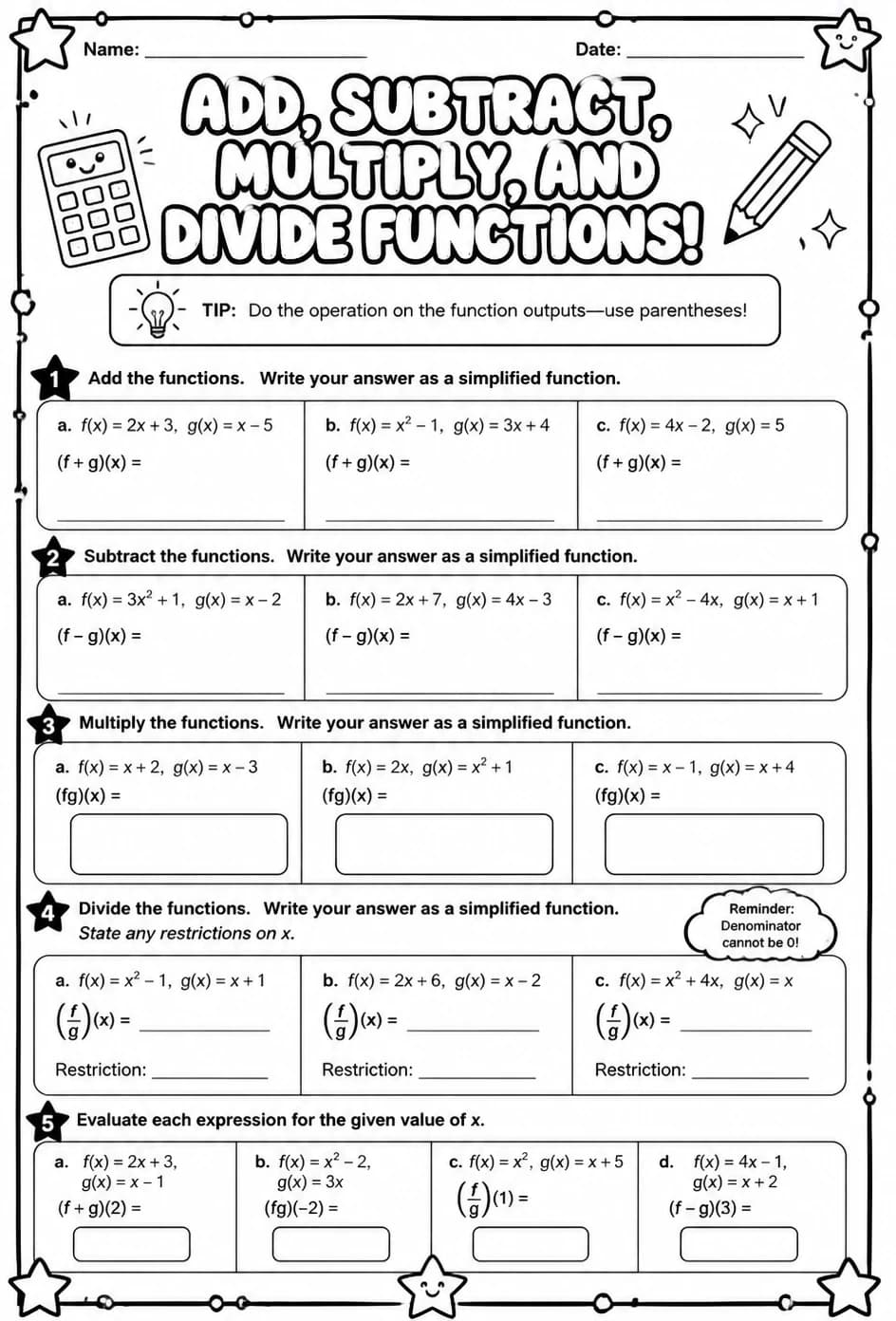 Add, subtract, multiply, and divide functions