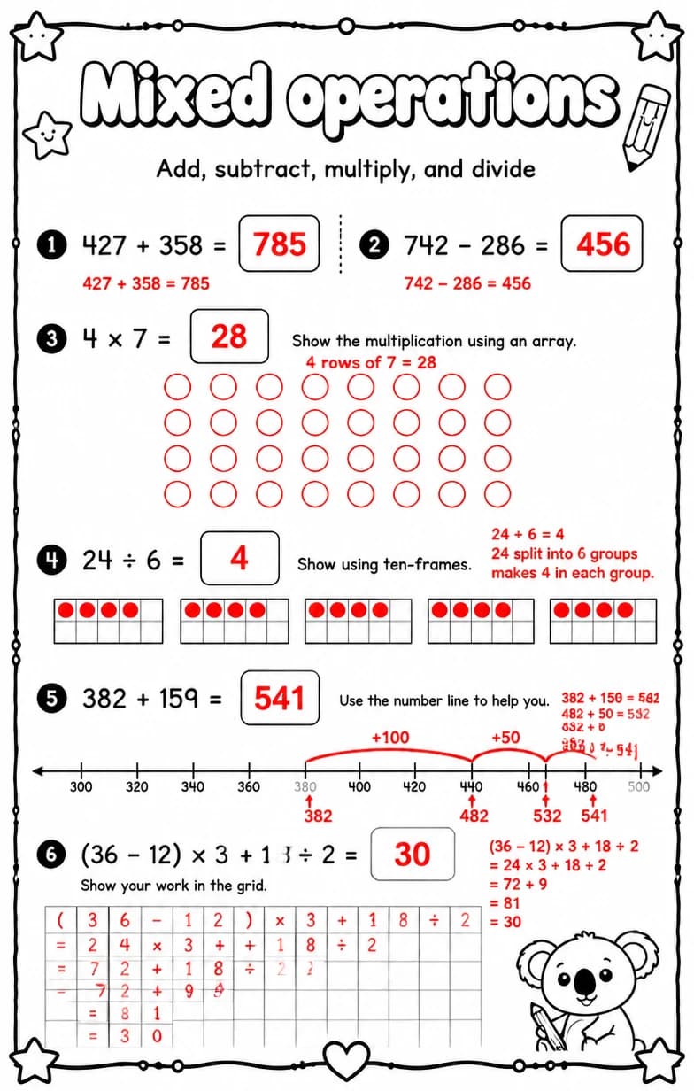 Answer key for Add, subtract, multiply, and divide — free printable Math worksheet