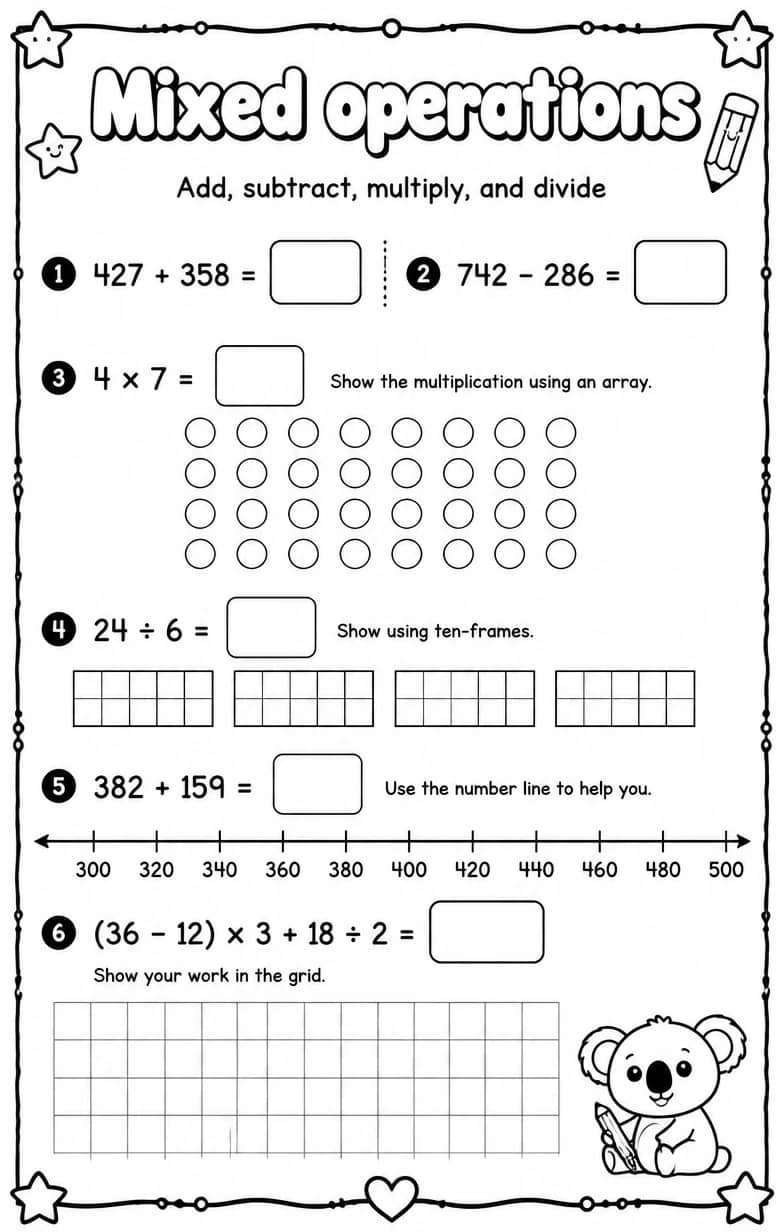 Add, subtract, multiply, and divide — free printable Grade 3 math worksheet