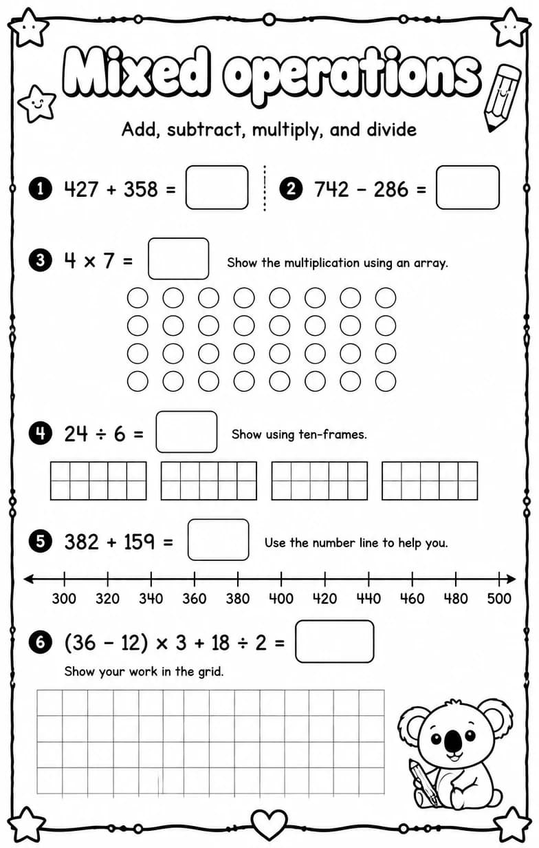 Add, subtract, multiply, and divide — free printable Grade 3 Math worksheet