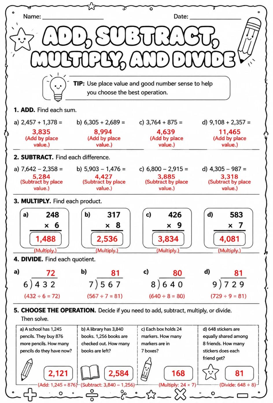 Answer key for Add, subtract, multiply, and divide — free printable Math worksheet