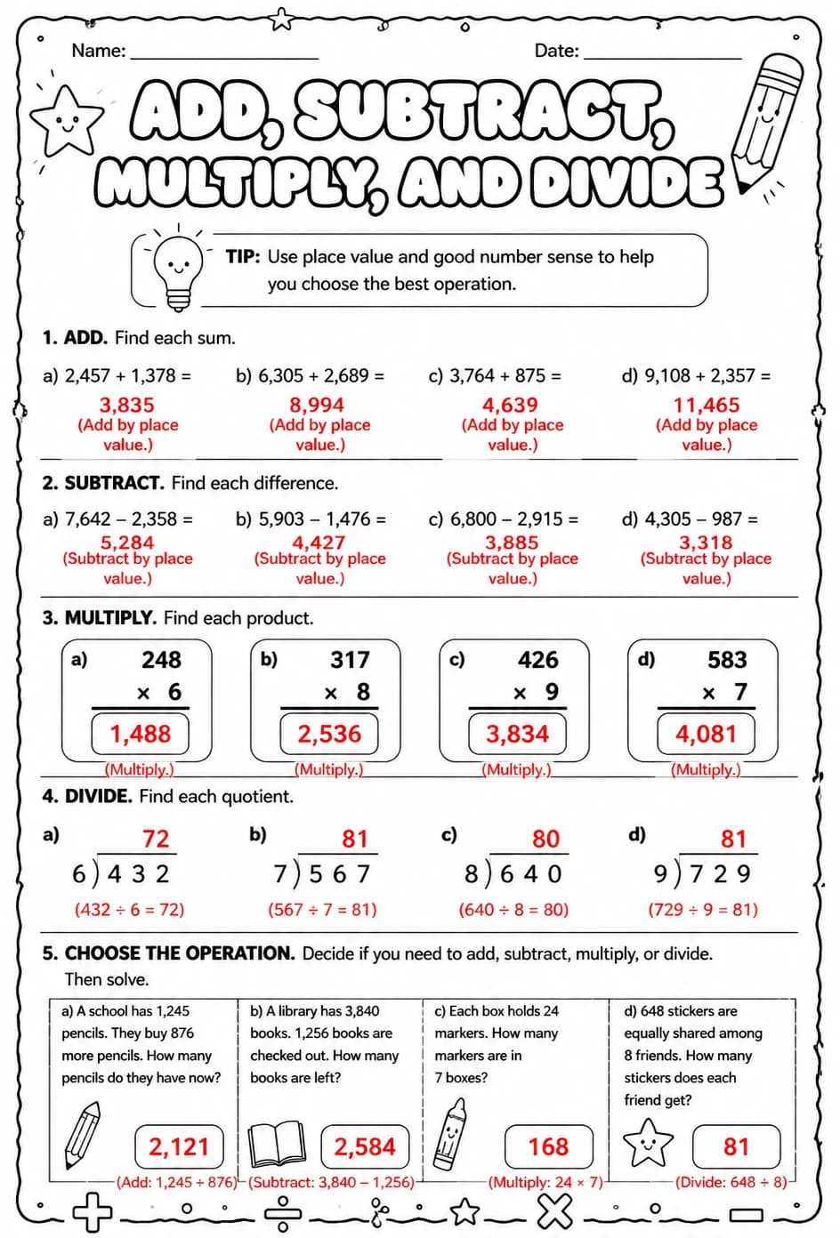Answer key for Add, subtract, multiply, and divide — free printable Math worksheet