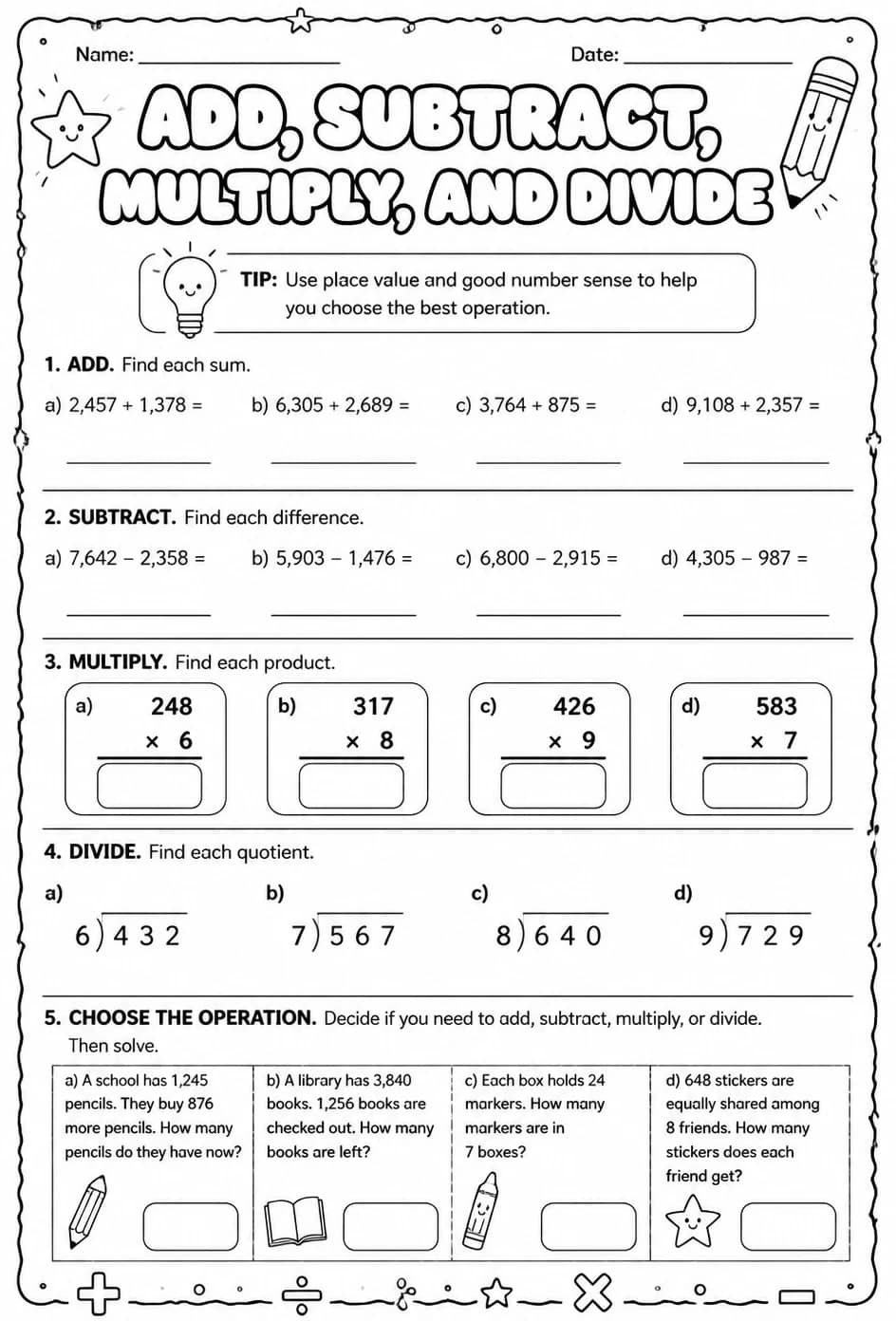Add, subtract, multiply, and divide — free printable Grade 4 math worksheet