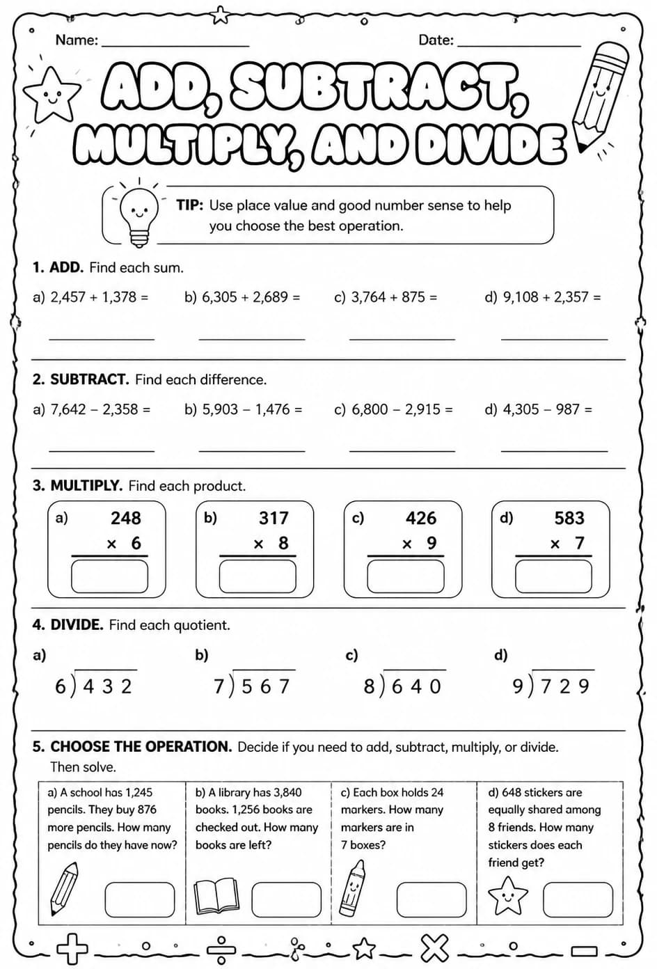 Add, subtract, multiply, and divide — free printable Grade 4 math worksheet