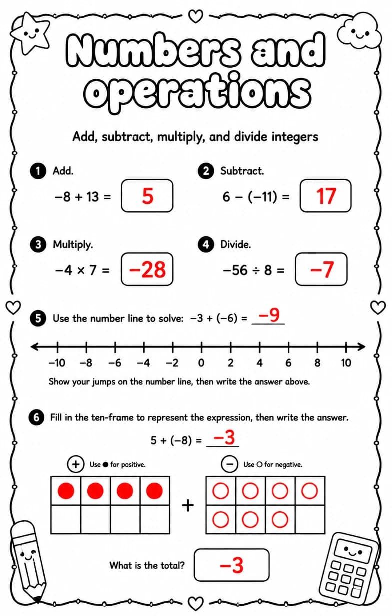 Answer key for Add, subtract, multiply, and divide integers — free printable Math worksheet