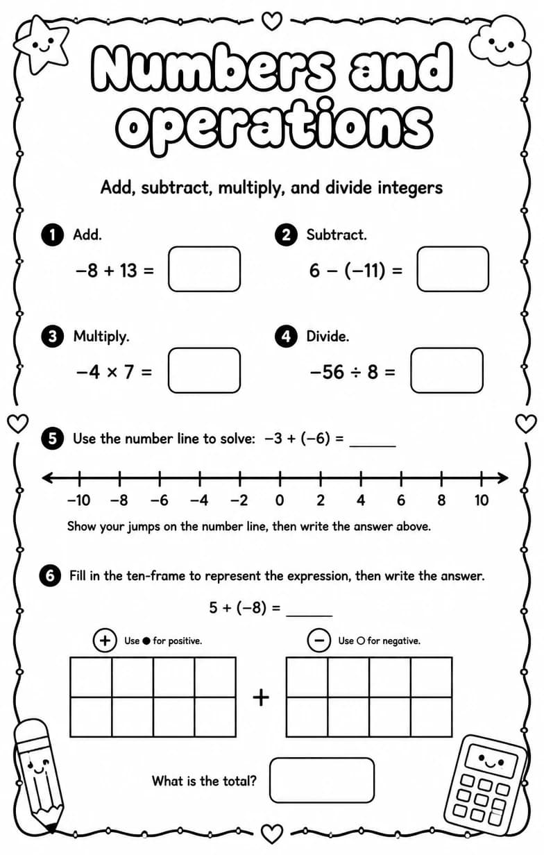 Add, subtract, multiply, and divide integers — free printable High School Math worksheet