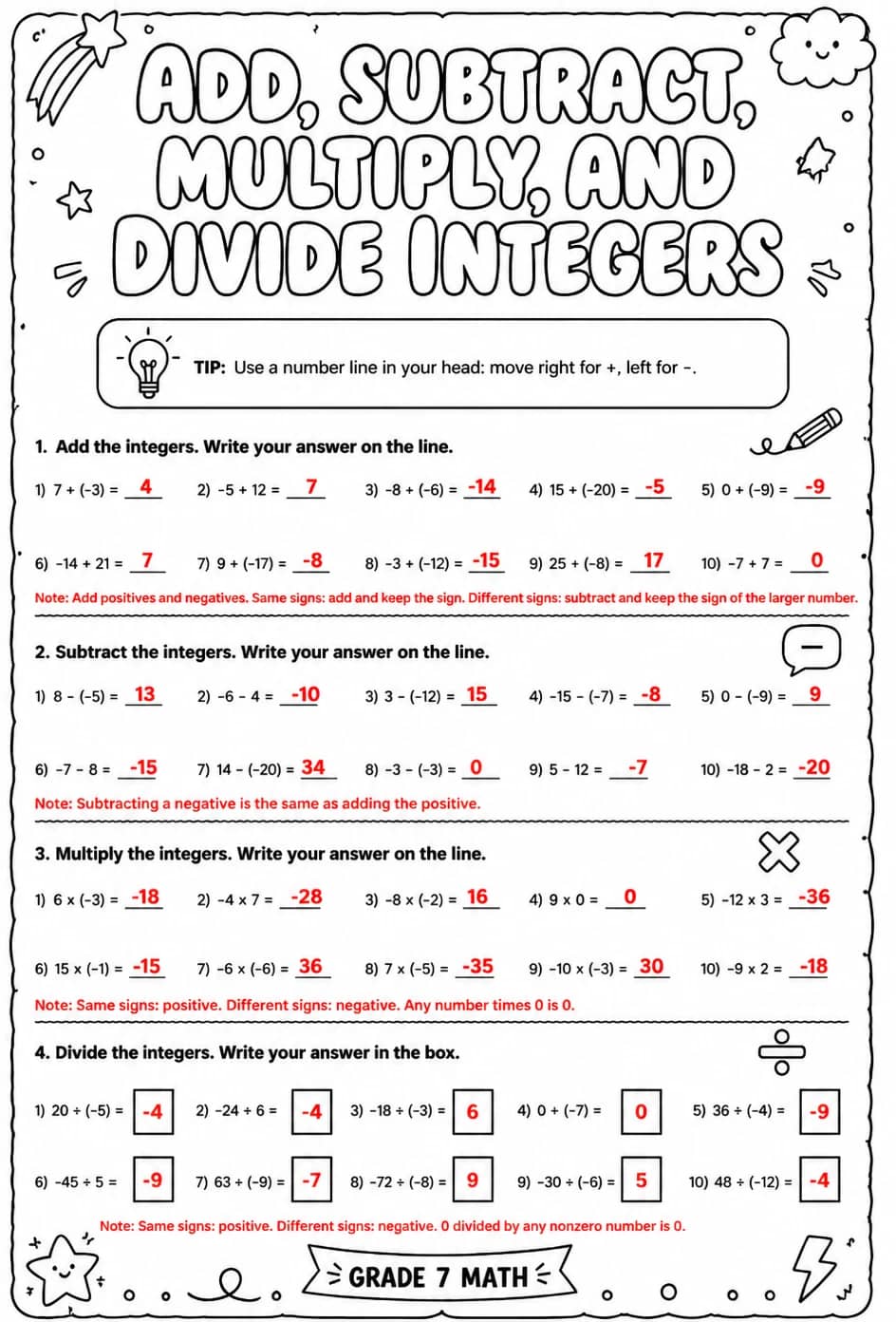 Answer key for Add, subtract, multiply, and divide integers — free printable Math worksheet