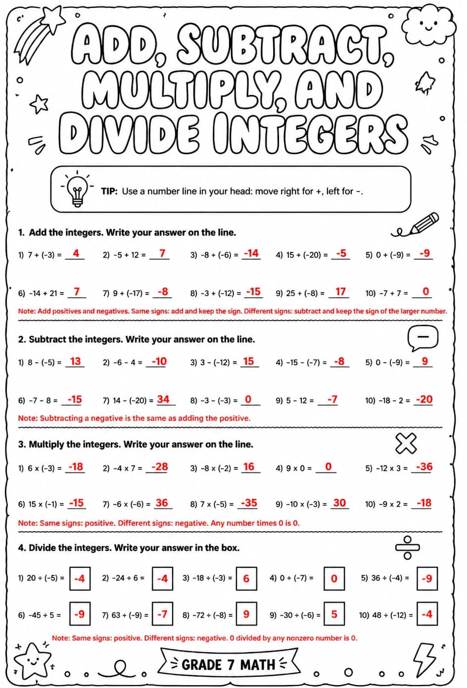 Answer key for Add, subtract, multiply, and divide integers — free printable Math worksheet
