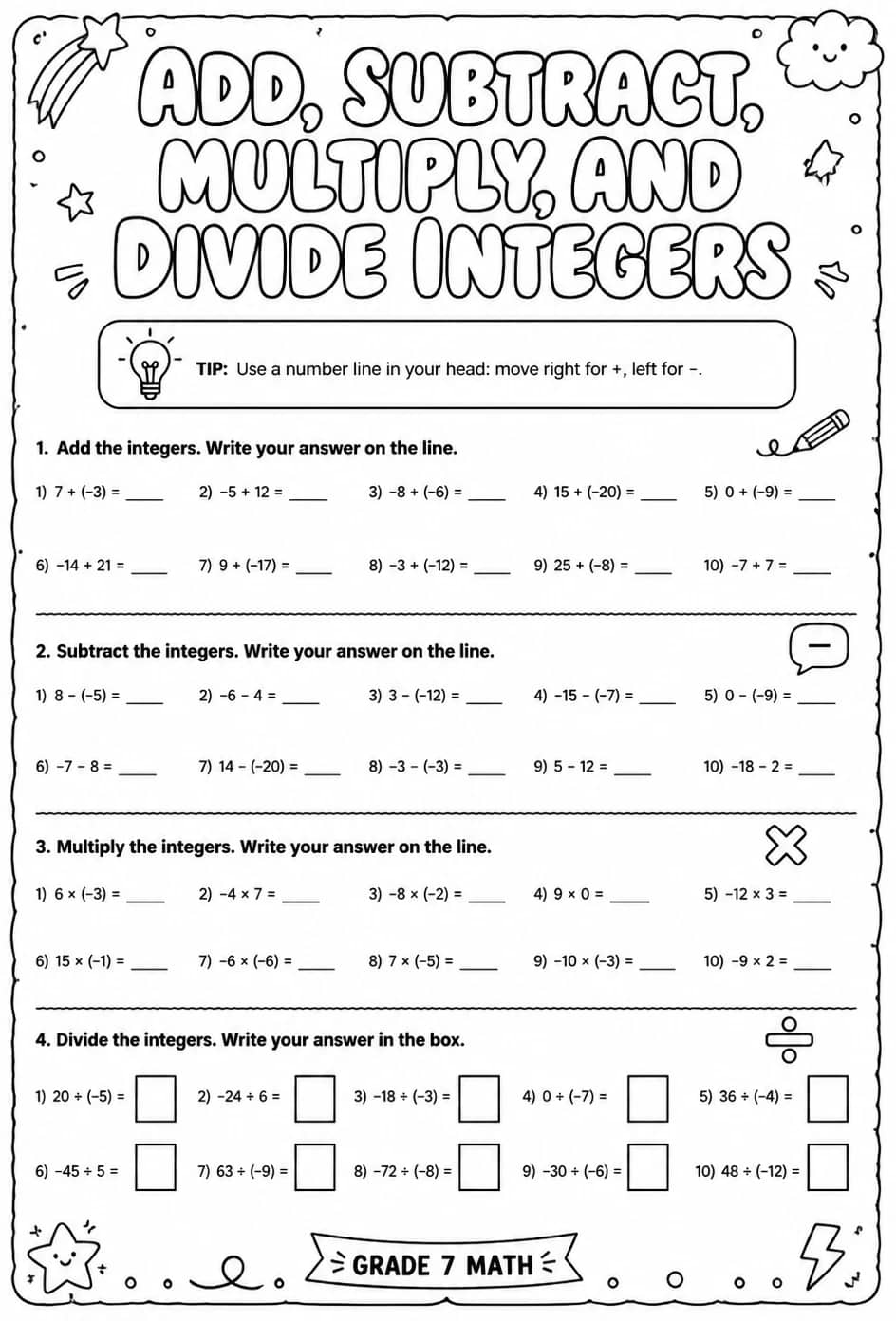 Add, subtract, multiply, and divide integers — free printable Grade 7 math worksheet