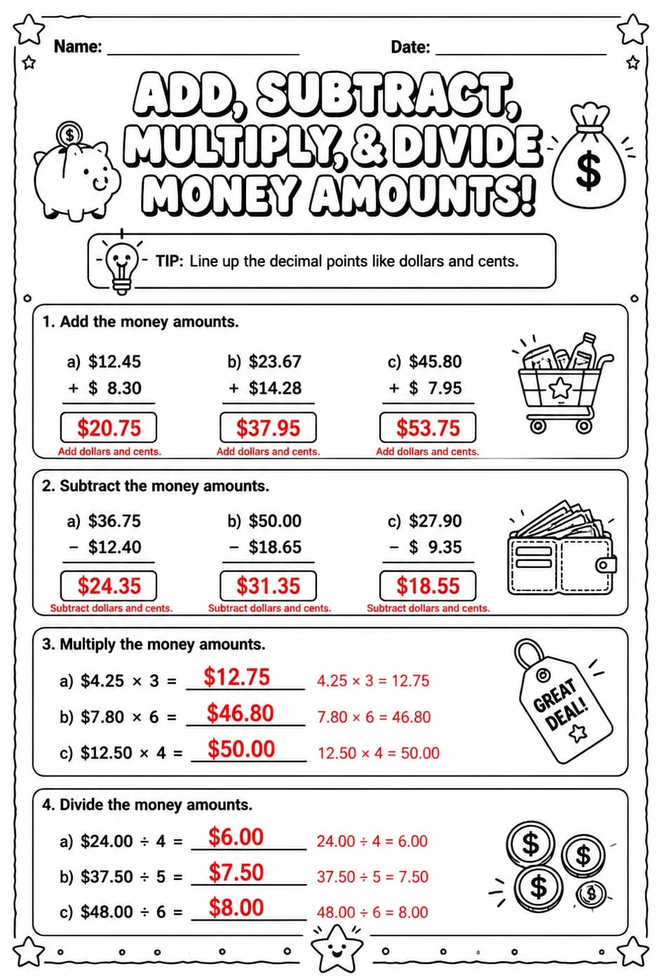 Answer key for Add, subtract, multiply, and divide money amounts — free printable Math worksheet