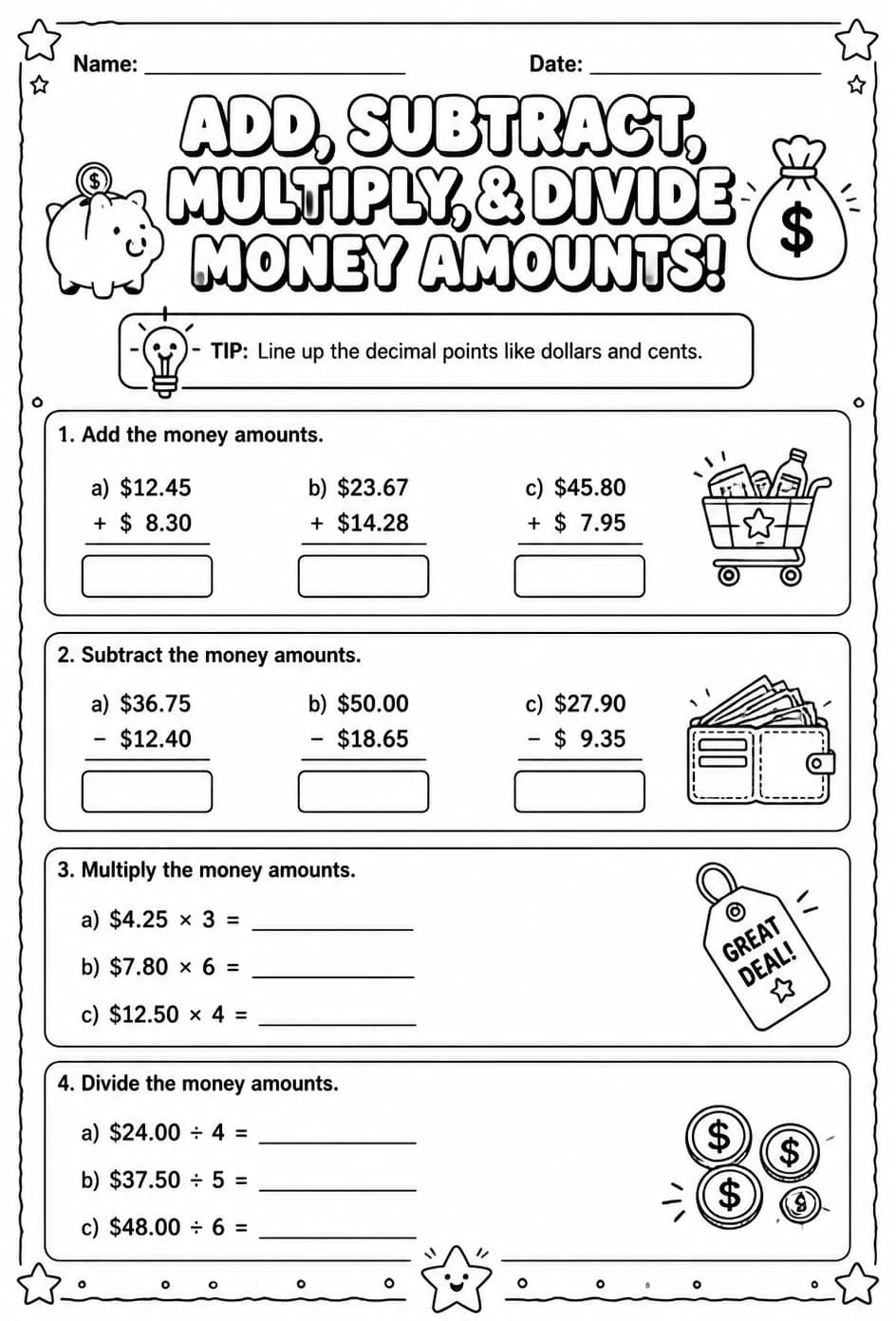 Add, subtract, multiply, and divide money amounts — free printable Grade 4 math worksheet