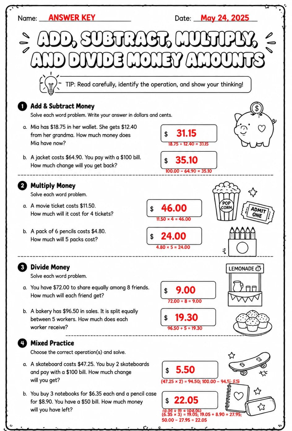 Answer key for Add, subtract, multiply, and divide money amounts: word problems — free printable Math worksheet
